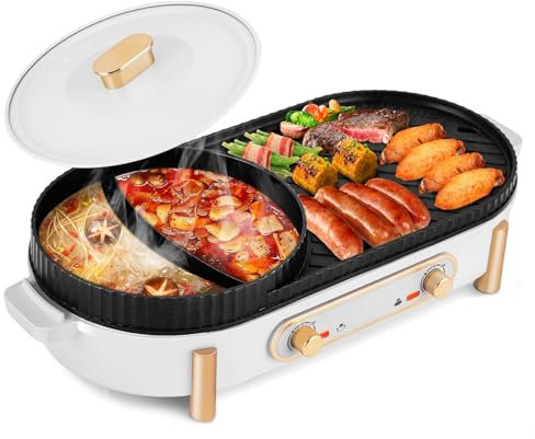 YJINGRUI Elektrischer Hot Pot 2200W Elektrogrill Hot Pot Grill 2 in 1 Hotpot Topf und Grillplatte mit 2 unabhängiger Temperaturregelung für 3-12 Personen