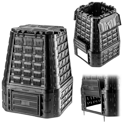 KADAX Compostiera da giardino in plastica, compostiera per rifiuti da giardino, bidone di compostaggio con ventilazione, contenitore per compost con irrigazione a goccia, compostiera rapida (nero, 750