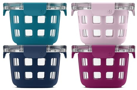 Ello Duraglass 4-Pack 2 Cup Reusable Glass Container Jar with Leak Proof Lids and Protective Silicone Sleeves | Perfect for Overnight Oats, Yogurt | BPA-Free | Dishwasher Safe | Evening Orchard