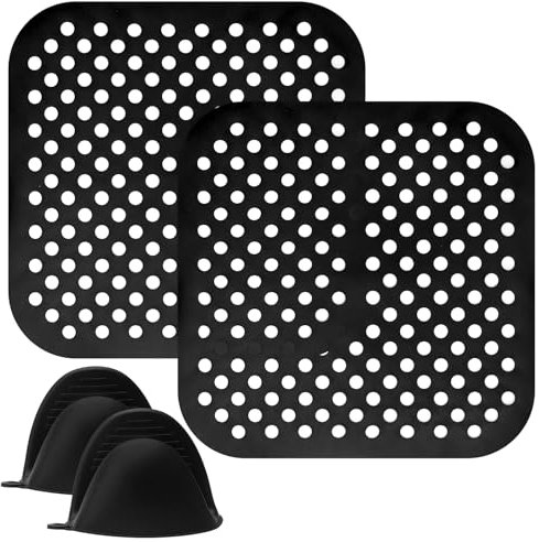 2 PCS tappetini in silicone per friggitrice ad aria calda, carta da forno in tappetino silicone forno con guanti da forno neri, tappetino per griglia Tappetini antiaderenti riutilizzabili 21.3x21.2CM