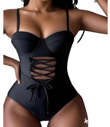 Maillot de Bain Une pièce Sexy avec Bretelles réglables pour Femme Push Up, Noir,M