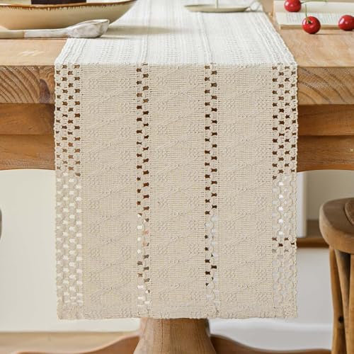 Avalune Tischläufer Beige Boho Tisch Läufer Modern Bauernhaus Klein Schmal Tischdecke Dekor Makramee Baumwolle Leinen Landhausstil Rustikaler Herbst Table Runner für Küche Hochzeit Party 30x140 cm
