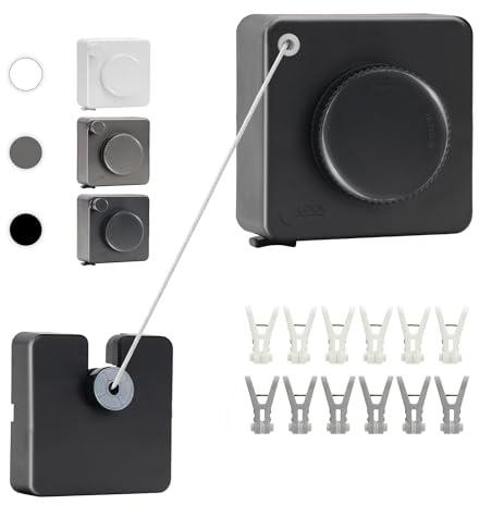 WEATAEDE 15.7Ft Retractable Clothesline Indoor an Anti-sag Retractable Clothesline Outdoor,Laundry Line Wall Mounted Stainless Steel Wire Laundry, with 12 Clip(Black)