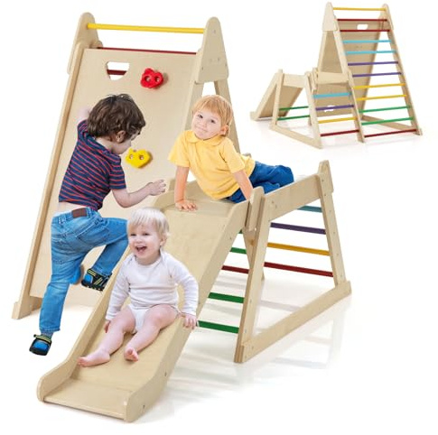 COSTWAY 3 en 1 Triángulo de Escalada Montessori con Tobogán Extendido, Estructura de Escalada Interior para Niños, Escalada en Roca, Gimnasio de Madera Montessori para Niños de 3+ Años (Multicolor)