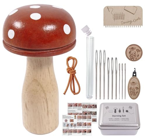 Darning Mushroom for Socks, Wooden Darning Mushroom Kit with Metal Storage Box, Sewing Darner Needle Tool for DIY Handicraft Home Sewing Care Socks Clothes,