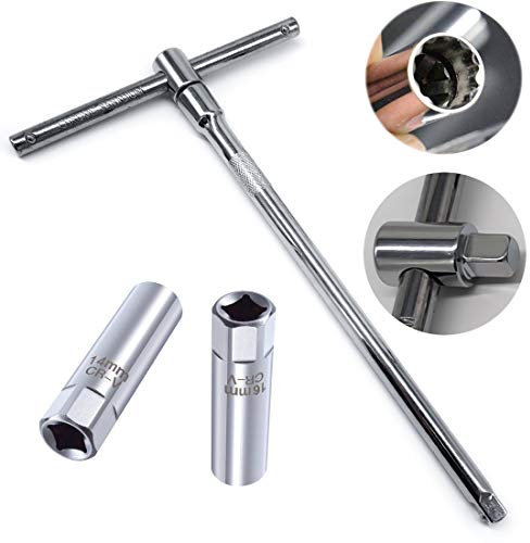 QISF 2 Pcs 3/8 Thin Wall Spark Plug Socket 12-Point Removal Tool 14 mm & 16 mm + 3/8 Adjustable T-Wrench Drive Torque Spark Plug Spanner Extension Kit (25cm)