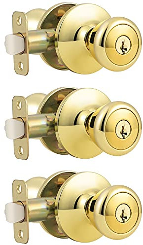 GOBEKOR Pack de 3 pomos de puerta con llave para puerta de entrada con cerradura y llave Tulipán pomo de puerta de latón pulido para exterior