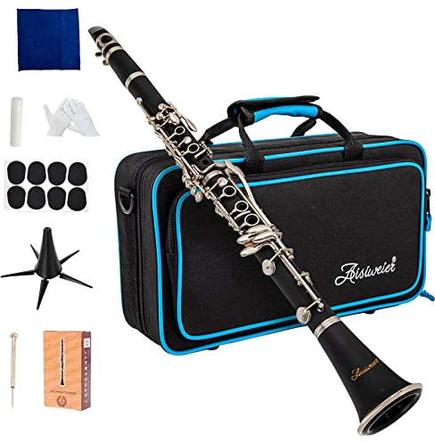 Aisiweier B-Flat Clarinete de ébonita negra para estudiantes principiantes, con llaves niqueladas, cinturón, grasa para articulaciones, guantes blancos, paño de pulido suave, cojín de 8 boquillas,