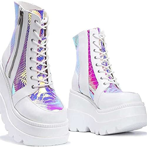 Toride Platform Boots for Women Chunky Wedge Heel Round Toe Spring Autumn Non-slip Combat Boots Lace Up Zip High Heel Thick Ankle Boots