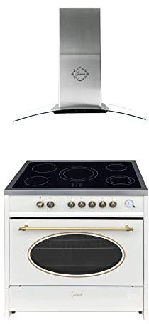 GURARI Herdset GCH E 912 Cr r + GCH T 465 IS 90 BL Prime, Retro Standherd 90 cm, Range Coocker, 121 L, Creme+Dunstabzugshaube, Wandhaube 90 cm, Edelstahl, schwarz Glas Blende, Abluft/Umluft