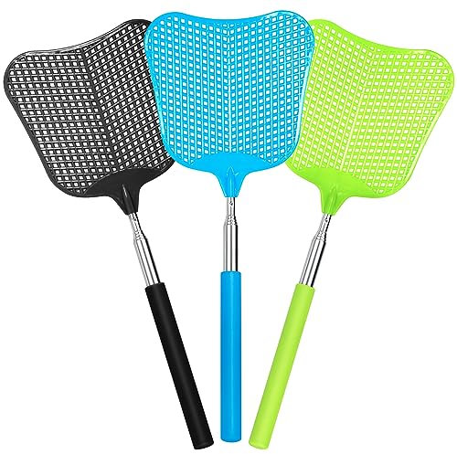 Begonia Lot de 3 tapettes à mouches télescopiques robustes avec poignées extensibles en acier inoxydable pour intérieur/extérieur/salle de classe/bureau