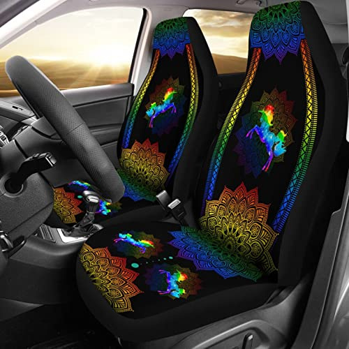 2Er Set Autositzbezüge Atmungsaktiv Auto-Schonbezüge Sanft Auto-Zubehör Schalensitzbezug Universal Für SUV LGBT Einhorn Mandala Stil, Geschenk Für Einhorn-Liebhaber, Einhorn-Liebhaber, LGBT Stolz