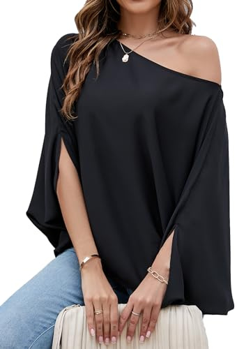 VIMPUNEC Womens Off The Shoulder Flowy Tops Casual Batwing Sleeves Blouses Loose Chiffon Shirts Black