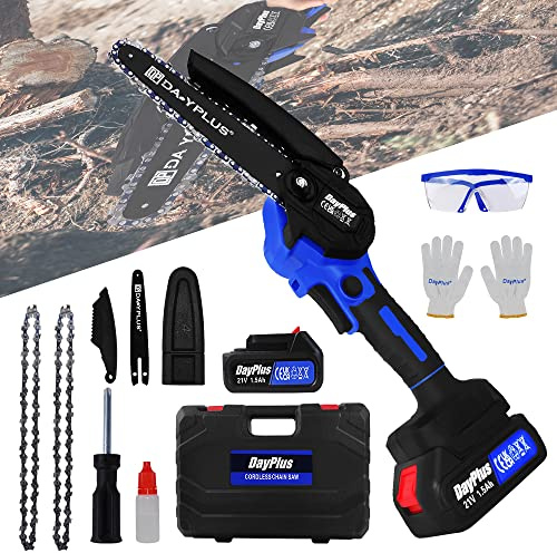 21 V minimotorsåg med batteri 15 cm (6 tum), elektrisk handmotorsåg, batteri, motorsåg med batteri och laddare, bärbar motorsåg elektrisk med 2 200 RPM motorsåg för trädgårdssaxar, jordbruk, ranch