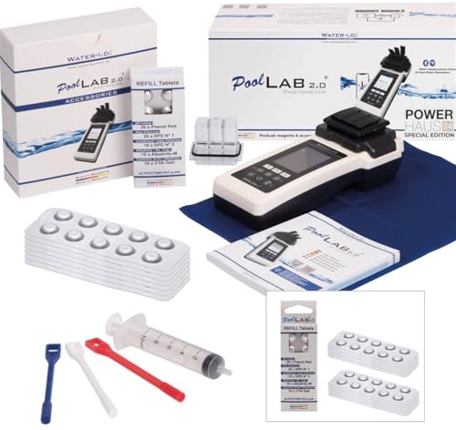 POWERHAUS24 PoolLAB 2.0 Special Edition, 70 + 170 Reagenzien extra (insgesamt 240), 4 Wellenlängen, 24 Parameter, Bluetooth, WiFi, 2,4 Zoll Farbdisplay, für Pools & Whirlpools