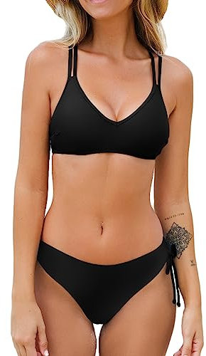 CUPSHE Damen Bikini Set V Ausschnitt Low Waist Bademode Crossback Tunnelzug Zweiteiliger Badeanzug Swimsuit Schwarz M