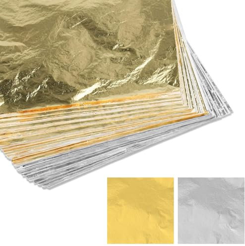 Kotkiddy 100 Blätter Imitation Blattgold,Blattsilber für Kunst Projekt Handwerk Dekoration,Vergoldung Handwerk,DIY Kreation (8x8.5cm)