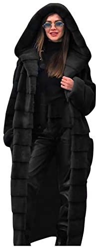Kunstfell Jacke Damen Softshelljacke Damen Wasserdicht Atmungsaktiv Jumpsuit Kuschelig Mädchen Winterjacke Warm Faux Pelz Lang Mantel Mit Kunstfellkapuze Verdickene Fellmantel Mit Tasche (Schwarz, M)