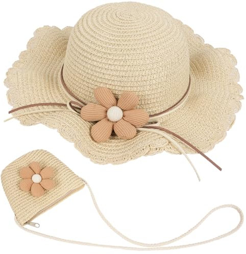 MAMUNU Strohhut und Kleine Tasche Set, Mädchen Kinder Sommer Sonnenhut, Strandmütze Kinder mit Blumendekoration für den Urlaub Reise Outdoor-Aktivitäten (Style02 Beige)