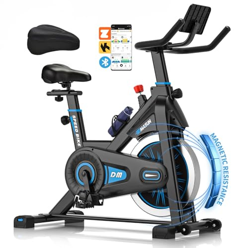 Bicicleta Estatica, Bici Estatica DMASUN Compatible con APP, Resistencia Magnética, Cojín de Asiento Cómodo, Ejercicio Silencioso, Capacidad 160 kg (Funda Sillin Bicicleta Estatica Incluida)