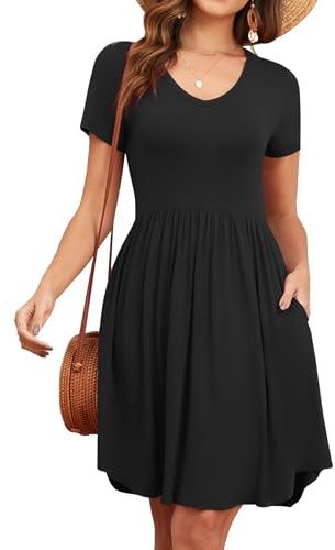 YVH Women's 2026 Summer Short Sleeve Dresses Casual Loose Fit Swing T Shirt Dress V Neck Sundress with Pockets, Black, L