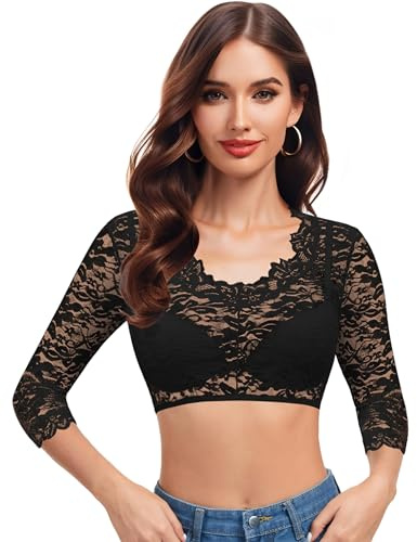 Hotouch Drindl Blusa para mujer de encaje, blusa tirolesa blanca, elegante cuello en V, Oktoberfest, blusa tirolesa, manga 3/4, color negro, Negro , S