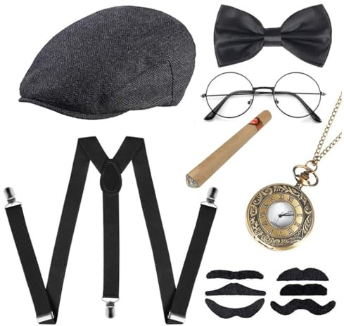 7pcs Accessoire Annee 20 Homme, Great Gatsby Gangster Costume, Années 1920 Déguisement, avec Chapeau Panama Montre de Poche Bretelles Noeud Papillon Barbes Lunettes pour Carnaval