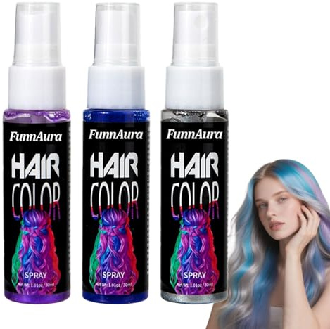 FunnAura 3 Pcs Temporary Hair Colour Spray, Wash Out Dye Sprays for Festive Events Cosplay Halloween (Blue Purple Grey)