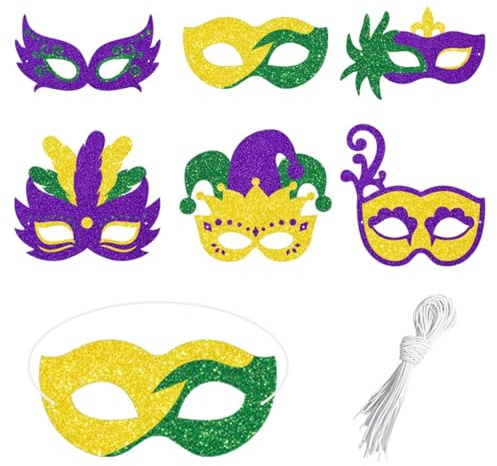 6pcs Mardi Gras Paper Eye Masks, Carnival Party Costume Accessories, Mardi Gra Selfie Photo Props Glitter Gold Purple Green Feather Pattern Paper Masks Masquerade Ball Party Decorations Supplies