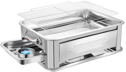 Barbecue et Rôtissoire À Poisson 2 en 1 en Acier Inoxydable Double Combustible (charbon/alcool) BBQ Portable et Hot Pot pour Usage Intérieur Extérieur et Camping(Windproof,S)