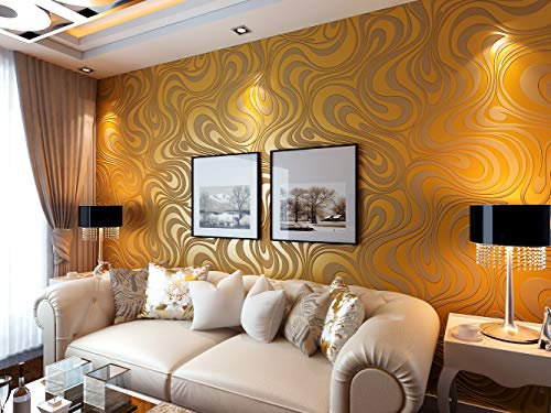 KeTian Modern Luxury 3D Abstract Curve Wallpaper Non-Woven Flocking Strips for Living Room/Bedroom Wallpaper Roll 0.7m (2.29' W) x 8.4m (27.56' L) = 5.88㎡ (63.11 sq.ft) (Gold&Yellow)