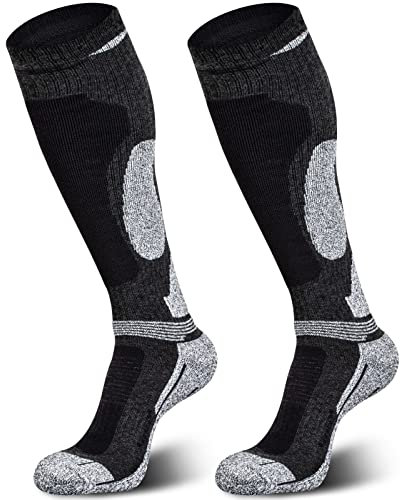 Muezna Merinowolle Skisocken Kniehoch Thermosocken für Winter Schnee Snowboard Wandern - Unisex Erwachsene - Schwarz - L - 1 Paar
