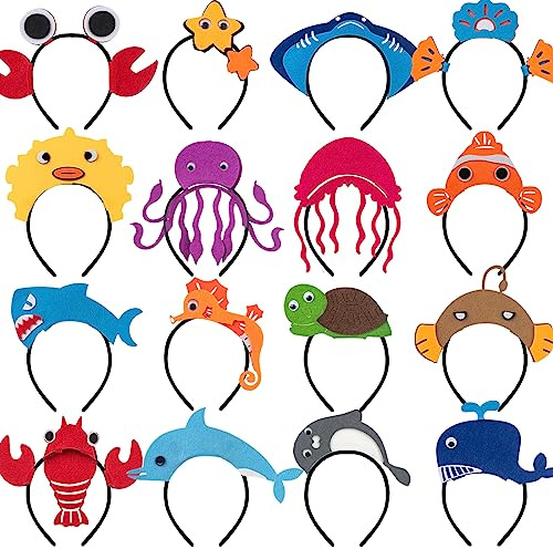 16 Styles of Felt Fabric Headband for Under The Sea Party Decorations, Ocean Animal Themed Party Favors, Beach, Pool, Mermaid, Zoo Parties Supplies, Kid Birthday Dress-up Hair Hoop, Halloween Costumes
