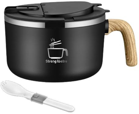 Tuzsocr Bol à ramen en acier inoxydable,Bols de Nouilles Instantanées(1200ML),Bol à Soupe avec Couvercle,Bol Pâtes avec Cuillère Pliante,Poignée en Grain de Bois,pour Ramen Japonais Udon Soba (Noir)