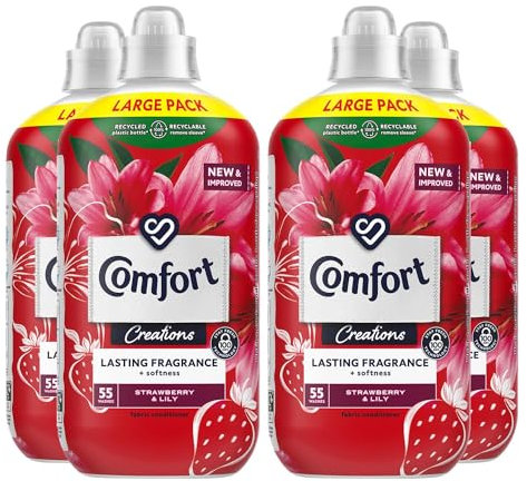 Comfort Creation Concentrated Fabric Conditioner with 100 Days of Long-Lasting Fragrance and Softness Intense Liquid Fabric Softener 55 Washes, 1.65L (Strawberry & Lily, Buy 4)