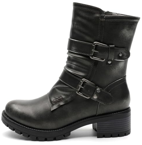 GLOBALWIN Lace up Mid Calf Motorcycle Fashion Festival Boots Combat Riding Military Boots for Women Silver Distressed Metallic Size 8