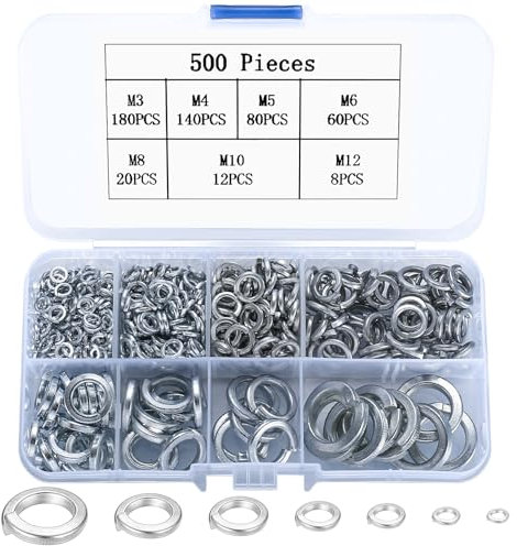 500 Pcs Rondelles de Blocage à Ressort, Rondelles Ressort Fendue Acier Inoxydable, Rondelles à Ressort en Métal, Rondelles Fendues en Spirale pour Vis Boulon, DIN 127 Forme B M3 M4 M5 M6 M8 M10 M12