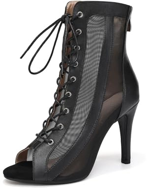 YCALCP Bottines de Danse Noir Femme à Lacets et à Talons en Maille Bout Ouvert Moderne Performance Chaussures de Danse, 39 EU