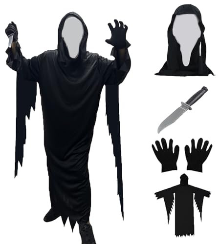 Aicerous® Ghostface Costume di Halloween, Costume da Fantasma Urlante Spaventoso, Maschera inclusa e Pugnale di plastica, adatto per Halloween/Carnevale/Feste in Maschera/Horror party (L)