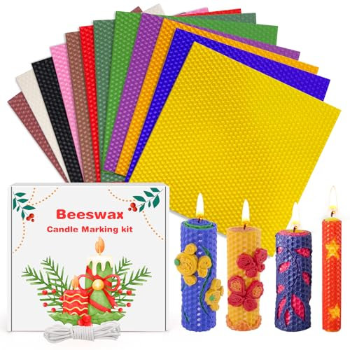 KIYTARBOO 12 Stück Bienenwachs Kerzen, und Gestalten von Kerzen Taufkerze Selber machen set, Kerzenwachs Bemalen Set, Kerzenwachs Platten Set für DIY Kerzenkunst für Erwachsene und Kinder