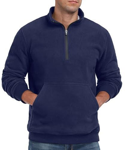QIXING Felpa da uomo oversize con mezza zip, in pile, collo alto e bordi a costine, calda e morbida, blu navy, XXL