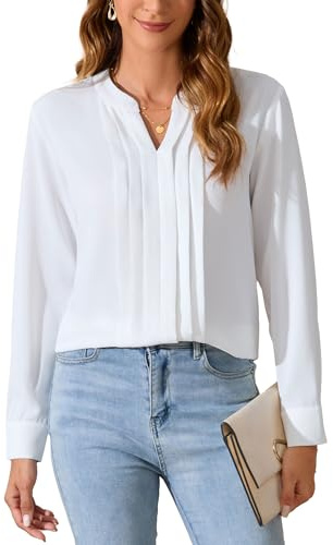 SPRING SEAON Camicetta da donna con bottoni, a maniche lunghe, in raso, con colletto a V, elegante, casual, per uscire e lavorare in ufficio, bianco, XXL