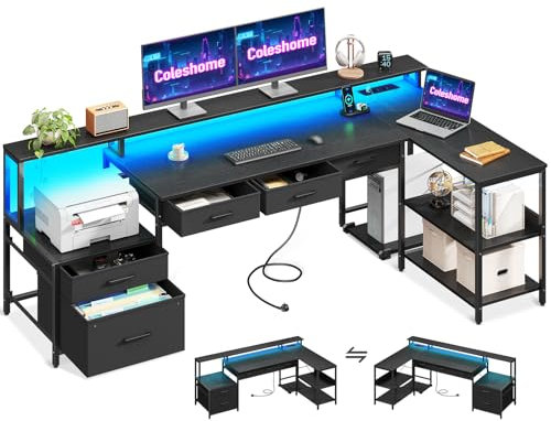 Coleshome Schreibtisch L Form mit Schubladen, 195x100cm Gaming Tisch mit Steckdose, LED & Monitorständer, Reversibler Eckschreibtisch mit Stauraum, Computertisch mit Regal für Büro, Schwarz