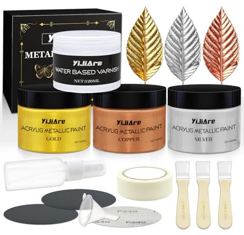 YiJiAre Acrylfarbe Metallic Gold Set - 3 Farben Silber, Kupfer & Gold Blattfarbe für Basteln, Home Decor und DIY-Projekte, ungiftig, wasserbasiert, inklusive wasserbasiertem Lack zum Schutz 4 * 120ml