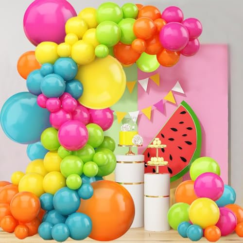 141pcs Summer Tropical Balloon Arch Garland Kit, Rainbow Latex Balloon Hot Pink Orange Yellow Green Blue Colorful Balloons Garland for Birthday Baby Shower Tropical Hawaiian Summer Party Decorations