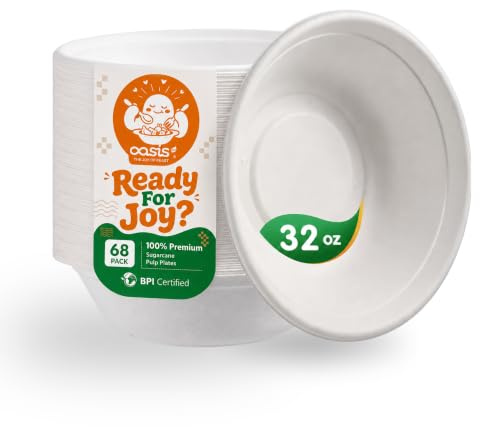 OasisSN 32 oz 68-Pack Large Compostable Paper Bowls, Disposable Meal Prep & Takeout Bowls, Heavy-Duty Bagasse Bowls for Ramen, Salad & Large Portions, Microwave & Freezer Safe, Eco-Friendly (White)