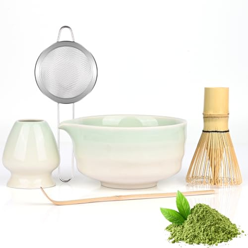 Vankarr 5 Set Matcha,Matcha Cerimoniale,Matcha set da tè matcha,con Frusta Matcha in bambù cucchiaio ciotola e supporto,regalo per gli amanti del matcha Verde a Gradiente