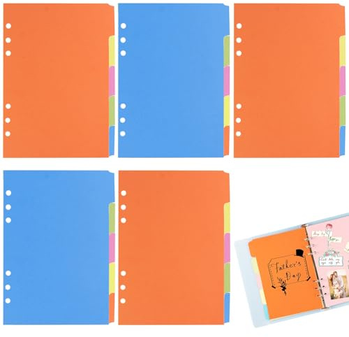 Ferizzia 25 Piezas Separadores Archivador A5, 6 Anillas Papel Carpeta Separadores A5, 5 Colores Diferentes Registros para Carpetas, Separador para Carpetas, Cuadernos y Agendas