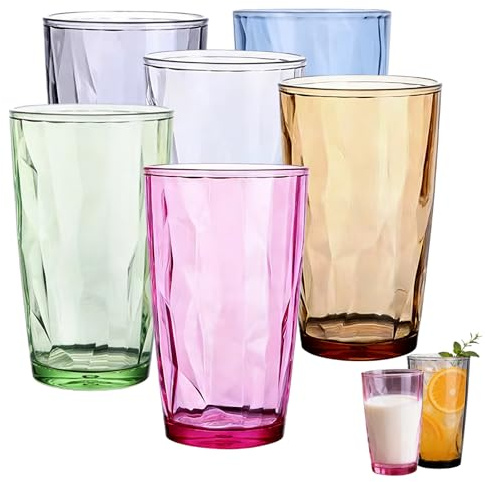 Bqkroa Juego de 6 vasos de 500 ml, multicolor, de acrílico, 6 colores, para el hogar y la gastronomía, vasos de zumo, vasos de bebida, vasos de cocina, 6 unidades