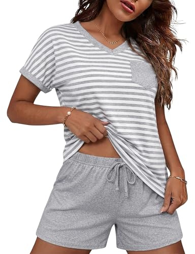 Jahetuul Pigiama Donna Estivo in Cotone Completo Pigiami Corto Donna a Righe Scollo a V e Pantaloncini con Tasche Casual da Casa Leggero Morbido S-3XL
